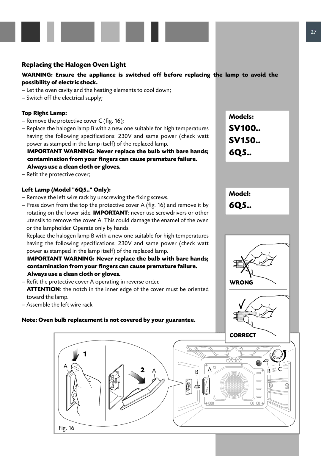 CDA SC510, SC610, SC220, SC210 SV100 SV150 6Q5, Replacing the Halogen Oven Light, Top Right Lamp, Left Lamp Model 6Q5.. Only 